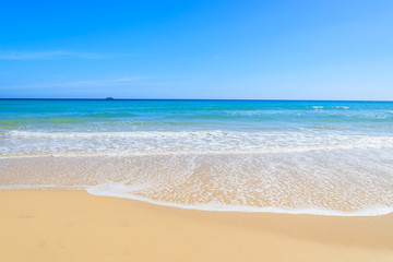 Fototapeta na wymiar Crystal clear water of beach in Morro Jable, Fuerteventura, Canary Islands, Spain