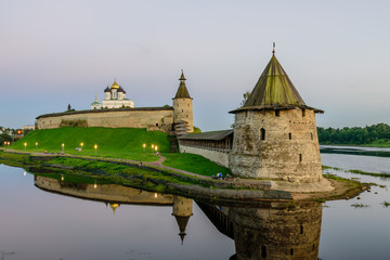 Naklejka premium The ancient Kremlin in the city of Pskov in Russia in the soft evening light