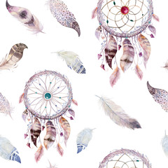 Dreamcatcher and feather pattern. Watercolor bohemian decoration. Watercolour color dream catcher design. Seamless repeating colour boho print. Tribal hand drawn chic wallpaper.