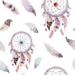 Wall murals Dream catcher Dreamcatcher and feather pattern. Watercolor bohemian decoration. Watercolour color dream catcher design. Seamless repeating colour boho print. Tribal hand drawn chic wallpaper.