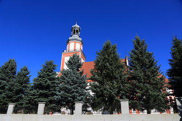 Piękna wieża i dach kościoła, ozdobne drzewa i ogrodzenie w Łosiowie.