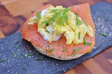 Open sandwich with salmon and scrambled eggs