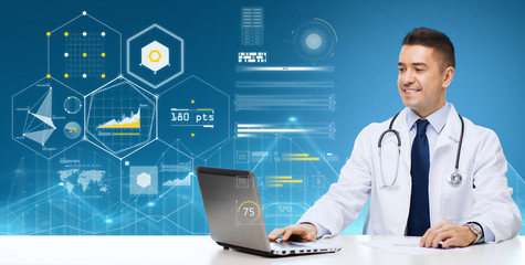 male doctor with laptop over virtual charts