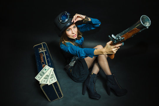 Steampunk girl with cash.