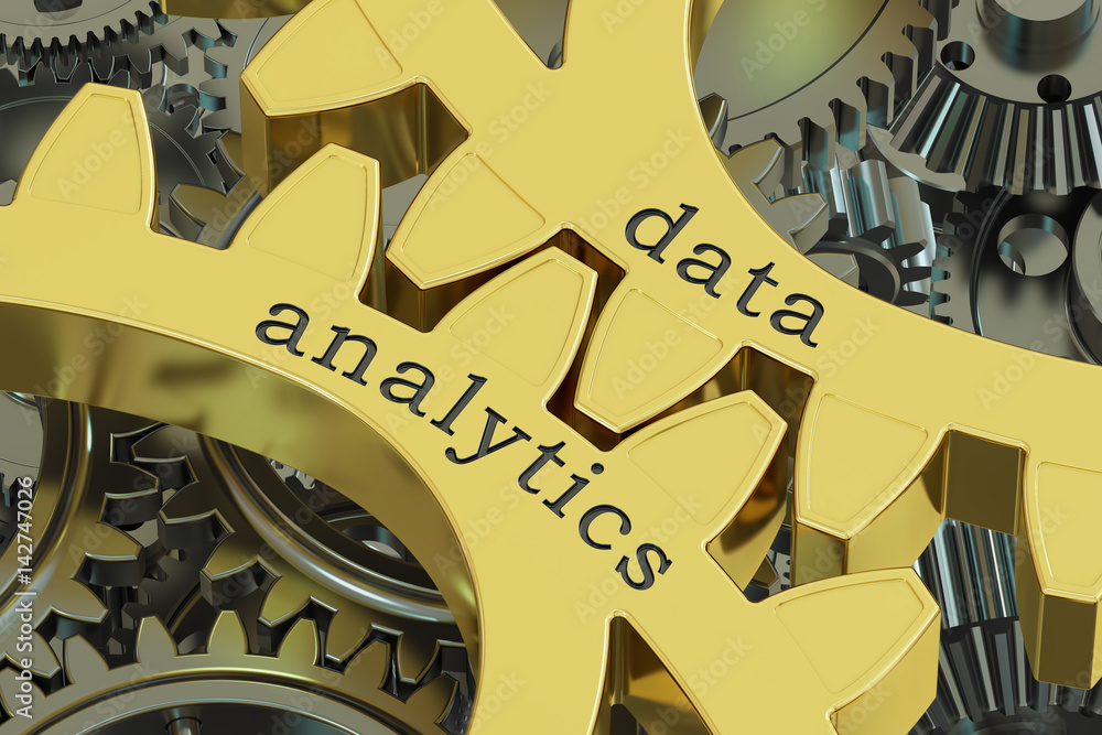 Poster data analytics concept on the gearwheels, 3d rendering