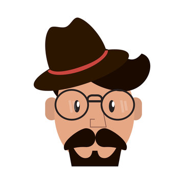 man with beard, glasses and hat cartoon icon over white background. hipster lifestyle concept. colorful design. vector illustration