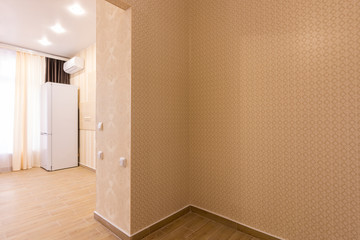 The interior of the renovated rooms, the passage to the kitchen and the room wall