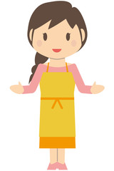 かわいいロングヘアの主婦　両手を広げて説明