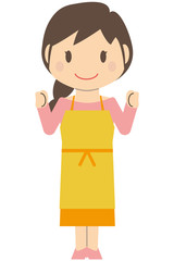 かわいいロングヘアの主婦　両手で小さくガッツポーズ