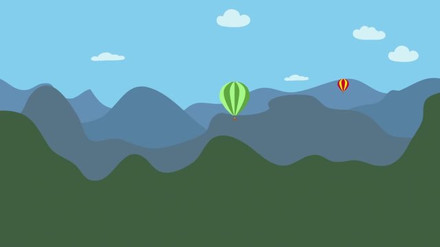 Hot air balloons flying in nature over mountains. Animation with flat design. Concept of adventure, freedom and vacation.