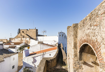 white houses and the castle in Ouguela village, Campo Maior, Portalegre district, Portugal