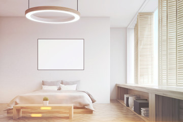Bedroom with round lamp, toned