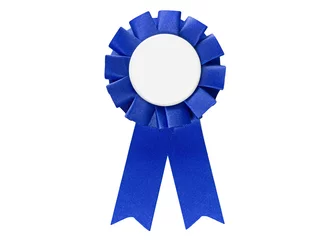 Blue ribbon award tag for sales, sports, retail to display best items or winners. Isolated on white with space for text © Rachel Lerch