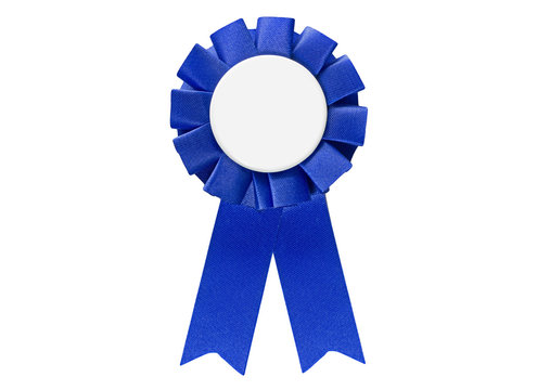 Blue ribbon award tag for sales, sports, retail to display best items or winners. Isolated on white with space for text