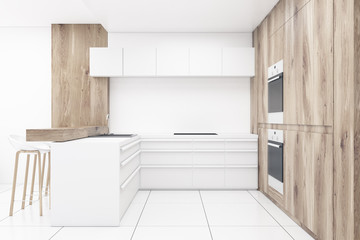 Wooden kitchen with counters, front