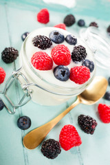Jar of yogurt with blueberries, blackberries and raspberries.