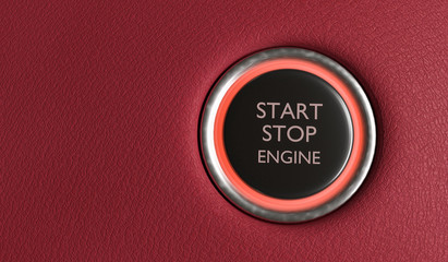 Start stop engine button in car interior. 3D rendered illustration.