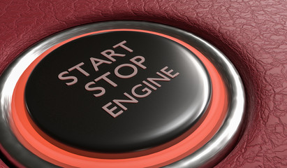 Start stop engine button in car interior. 3D rendered illustration.