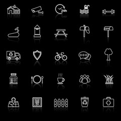Village line icons with reflect on black background