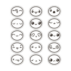 Set of cute lovely kawaii emoticon. Sticker collection.