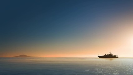  Silhouette of luxurious yacht cruising a calm sea at sunrise