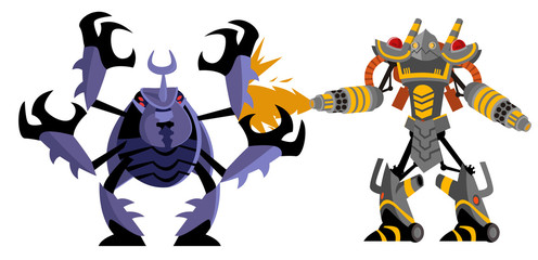 giant flamethrower robot fighting a giant beetle