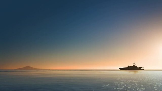  Silhouette of luxurious yacht cruising a calm sea at sunrise
