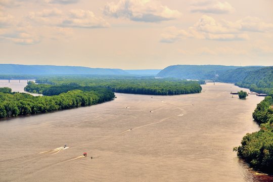 A channel of the Mississippi River near Harpers Ferry, Iowa. The Mississippi River begins in northern Minnesota and flows southward to the Gulf of Mexico.
