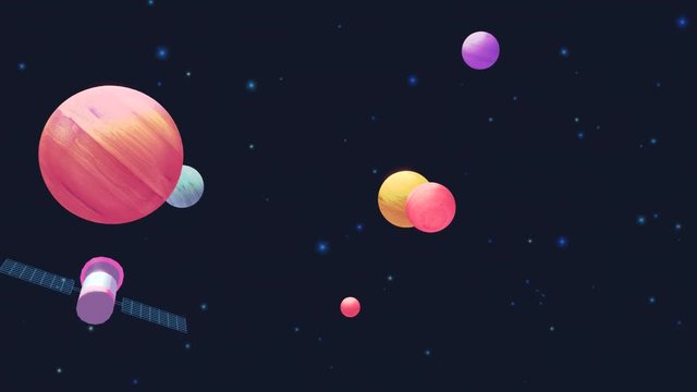 Looped cartoon planets animation. Outer space travel and exploration motion graphic. 