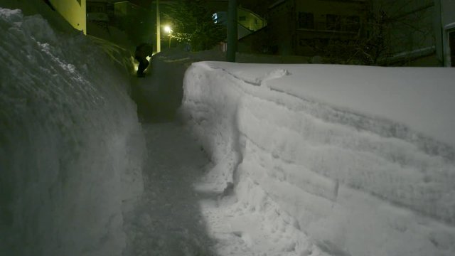 Riding a Snowboard at Night Down a Snow Covered Street Moving Fast Action Speed