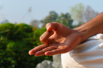 A hand showing a yoga mudra (hand gesture) known as gyan-mudra used in meditation.