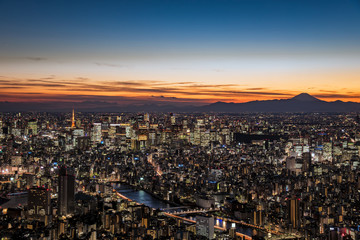 Obraz premium 東京都心の夕景と富士山のシルエット 