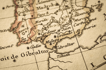 アンティークの古地図　ジブラルタル海峡 - obrazy, fototapety, plakaty