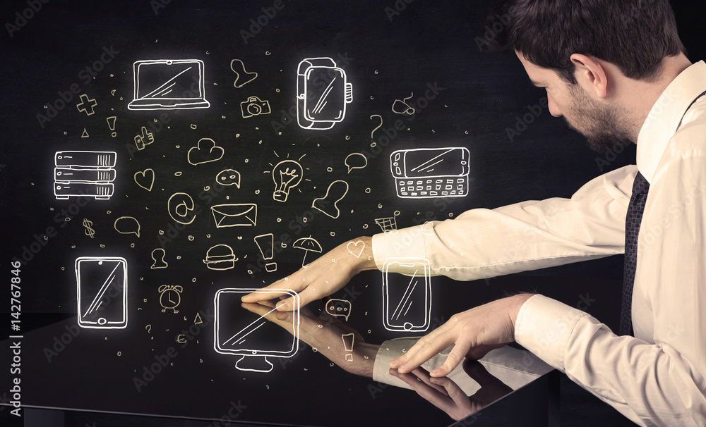 Poster Man pressing table tablet hand touch interface with media icons