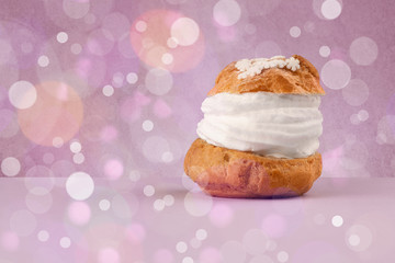 Delicious tasty homemade cakes with bokeh light background
