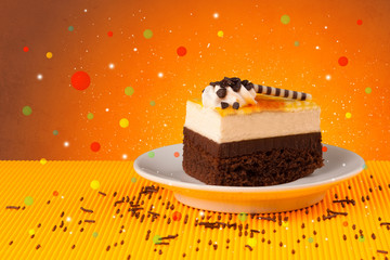 Sweet tasty cakes with colorful background and bokeh light