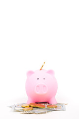 piggy bank and banknote and gold coin on white background