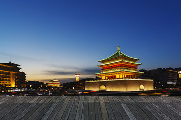 Xi'an, China Landmarks Clock Tower and Traffic Road at night