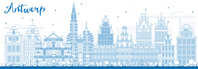 Outline Antwerp Skyline with Blue Buildings.