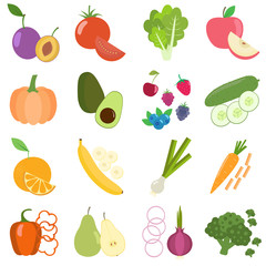 Set of fresh healthy vegetables, berries and fruits. Slices of fruits and vegetables. Flat design. Organic farm illustration. Healthy lifestyle vector design elements. 