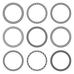 Vector set of round rope frame. Collection of thick and thin circles isolated on the white background.