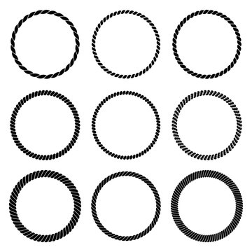 Vector set of round black monochrome rope frame. Collection of thick and thin circles isolated on the white background.