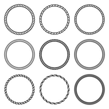 Vector set of round rope frame. Collection of thick and thin circles isolated on the white background.