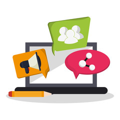 laptop computer, megaphone and pencil over white background. colorful design. vector illustration