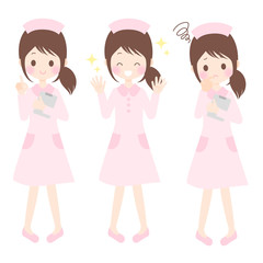 悩む・喜ぶ・指さす看護師　女性　かわいいイラスト素材セット　ベクター・白背景