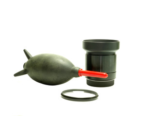 clean pump for camera, filter and lens on white