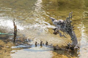 Closeup of naka or serpent statue were sprayed water.
