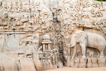 Arjuna's Penance a large rock carving in Mahabalipuram, Tamil Nadu, India.
