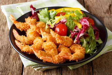 Outdoor kussens Fried shrimps tempura and fresh salad close-up on a plate. horizontal © FomaA