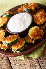 Homemade zucchini slices in breadcrumbs with sour cream close-up. Vertical